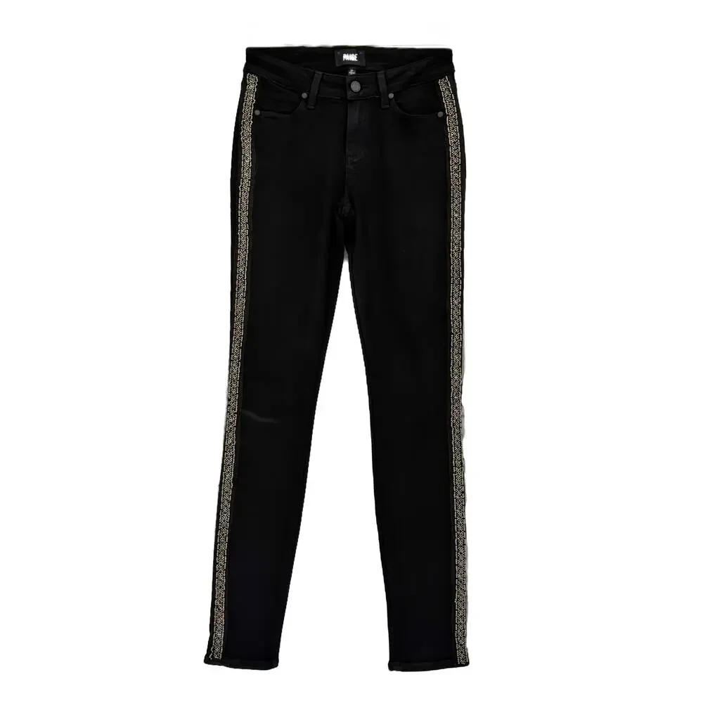 Paige Verdugo Ultra Skinny Tuxedo Side Beading Jeans size 27 Black/Pewter